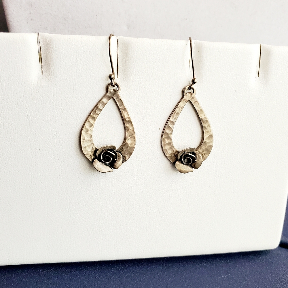 RL Israel Matte Sterling Hammered Teardrop Earrings with Roses - Picture 2 of 8